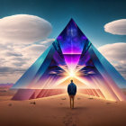 Surreal pyramid under large moon in alien desert landscape