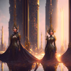 Two women in ornate medieval armor in a fantastical gothic castle setting.