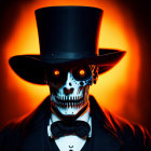 Skull-faced figure in top hat against fiery background