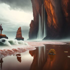 Figure on moss-covered rock by serene water, cliffs, and waterfalls under moody sky