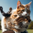 Three cats with various fur patterns stacked under blue sky and trees