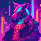 Anthropomorphic fox in cyberpunk cityscape with trendy neon jacket