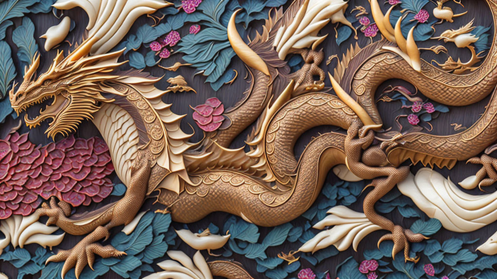 Intricate Wooden Dragon Carving Among Flowers on Dark Background