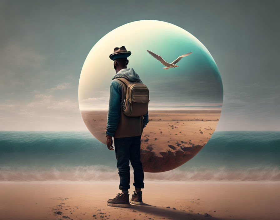 Person in hat and backpack before surreal circular portal with contrasting landscape and seagull.