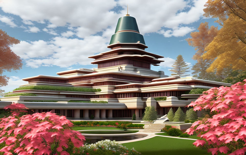 Digital Art: Modern Pagoda Building in Autumn Gardens