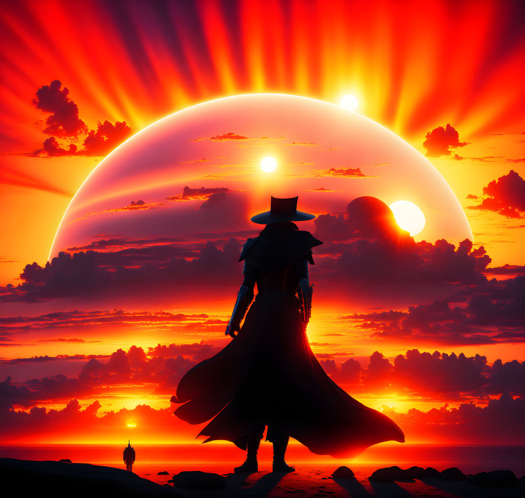 Silhouette of cowboy at sunset with vivid sky and surreal extra sun or planet.