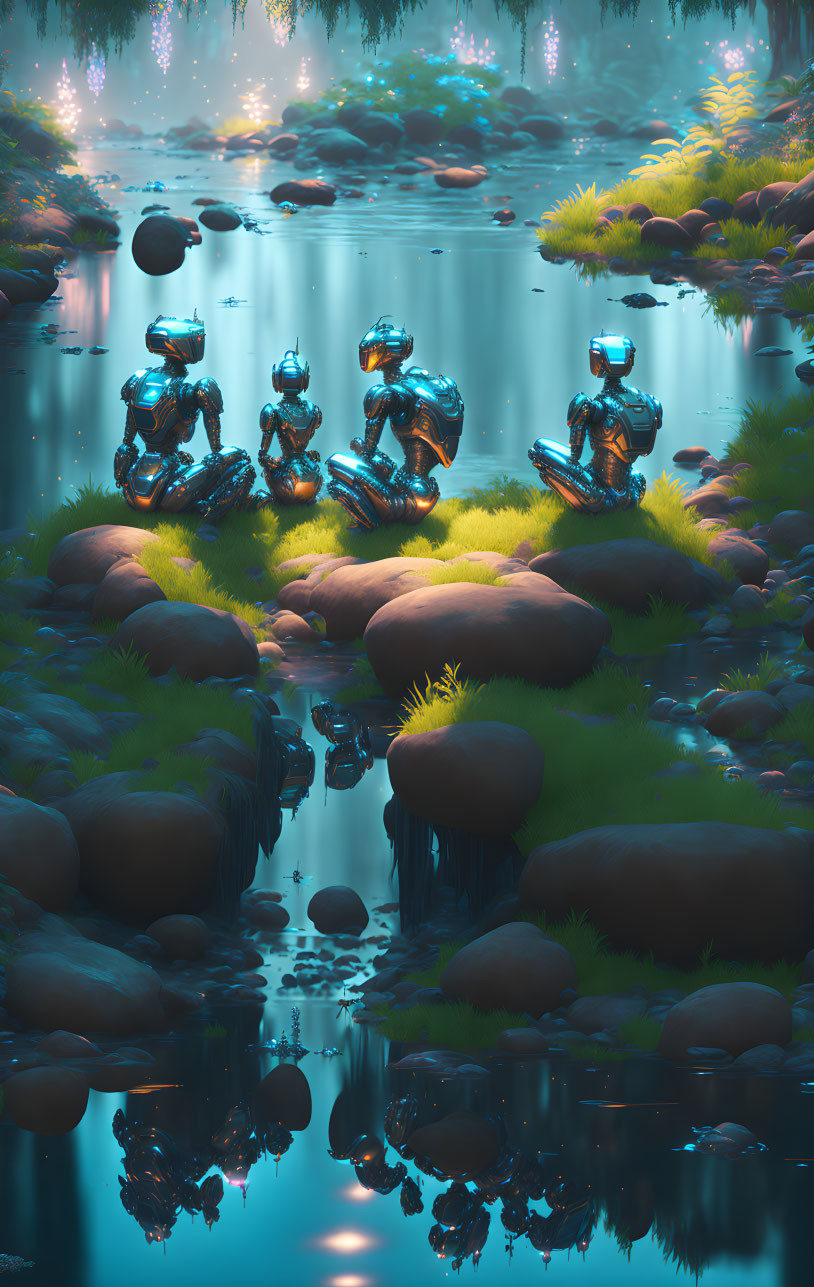 Futuristic blue-lit astronauts meditate in serene forest pond