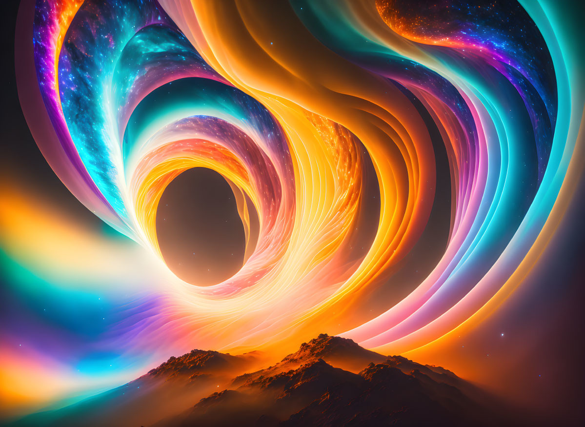 Colorful digital artwork: swirling cosmic wormhole over mountain landscape