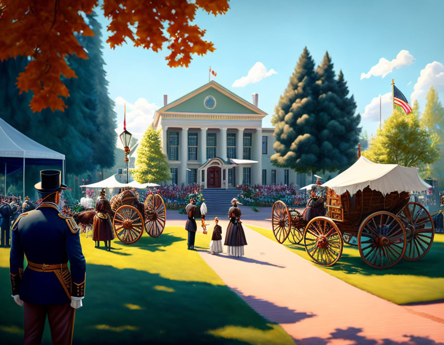 Historic gathering illustration with period clothing and horse-drawn carriages