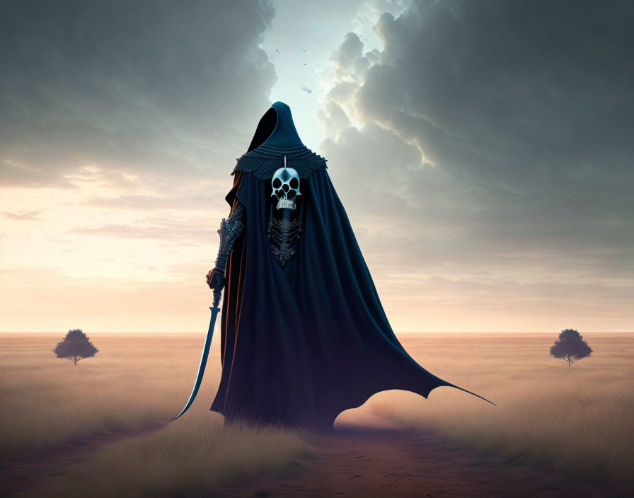 Skull-faced figure with staff in desert landscape at dusk