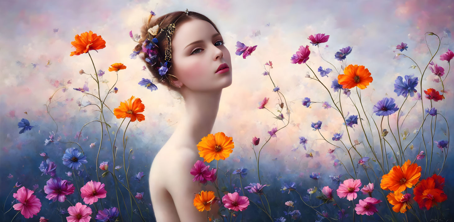 Woman with Flowers in Hair Surrounded by Colorful Flowers