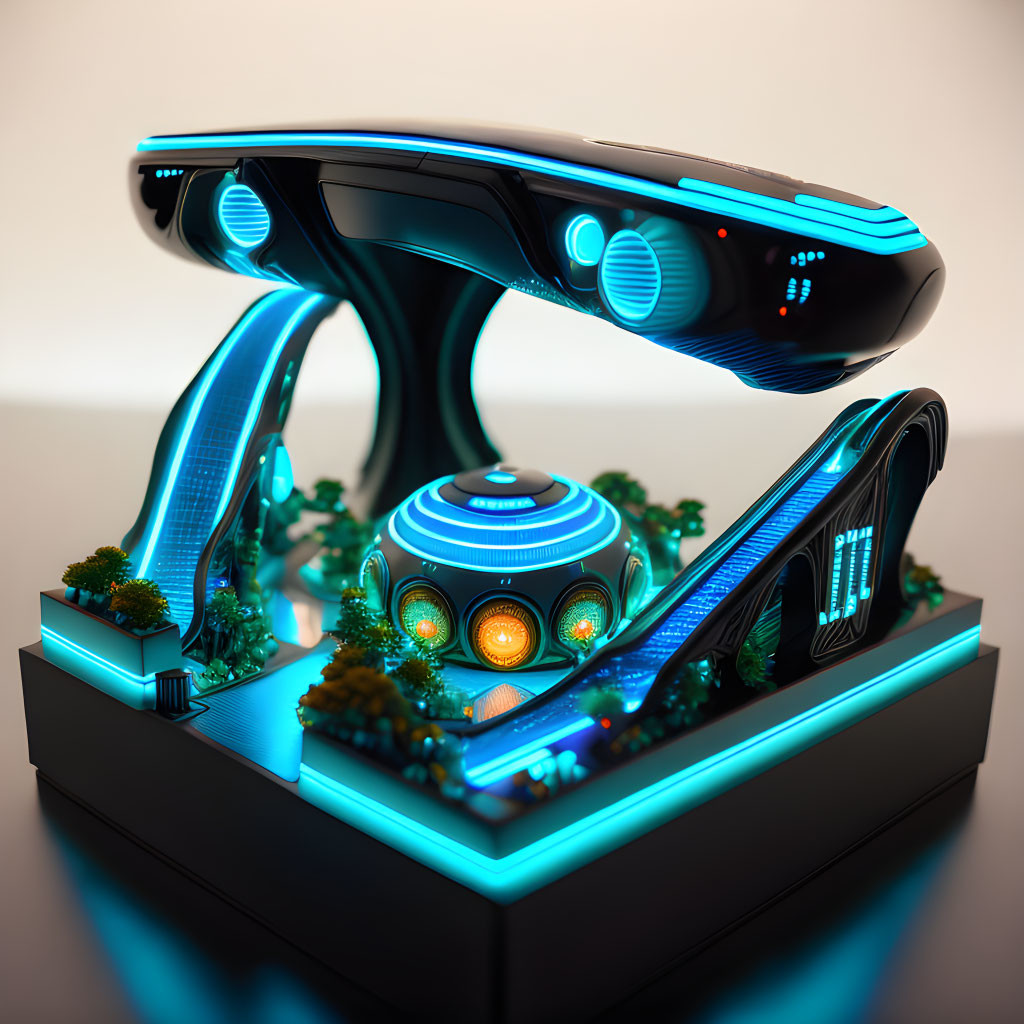 Futuristic building model with sleek curves and blue illumination on a greenery pedestal