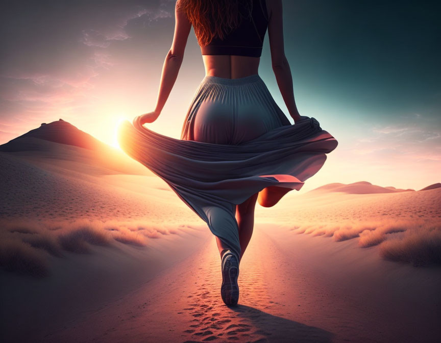 Woman in flowing skirt walks towards sunset in desert landscape