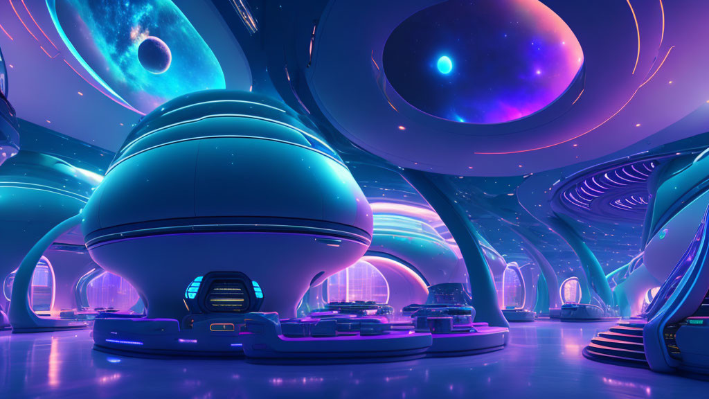 Futuristic interior with spherical consoles, neon-lit archways, and space views