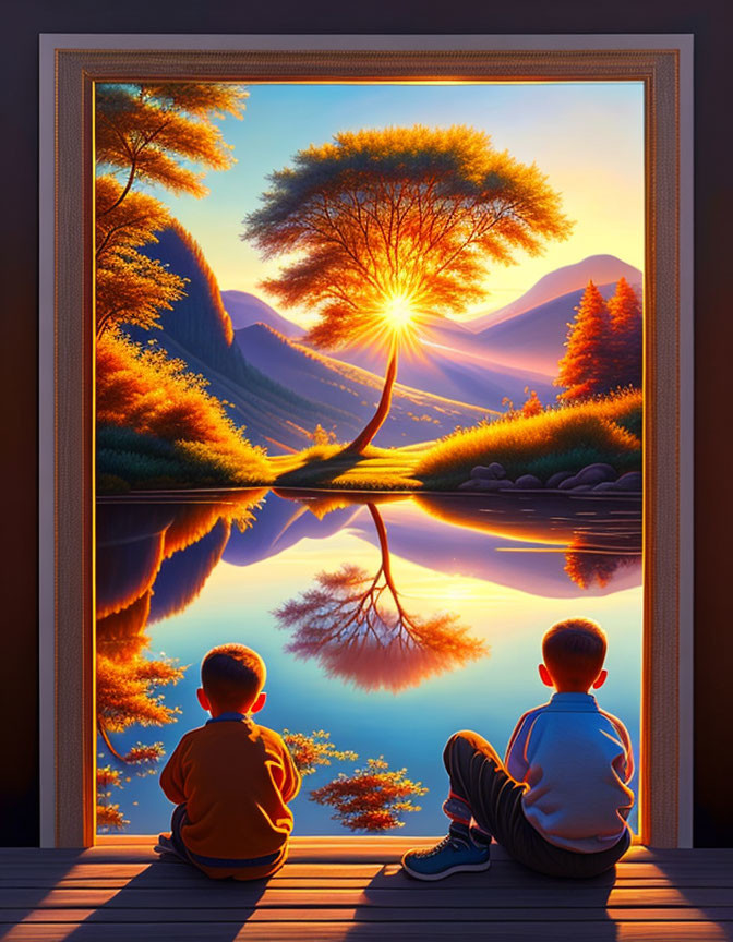 Children admiring scenic landscape with tree, mountains, and sunset reflection on wooden deck.