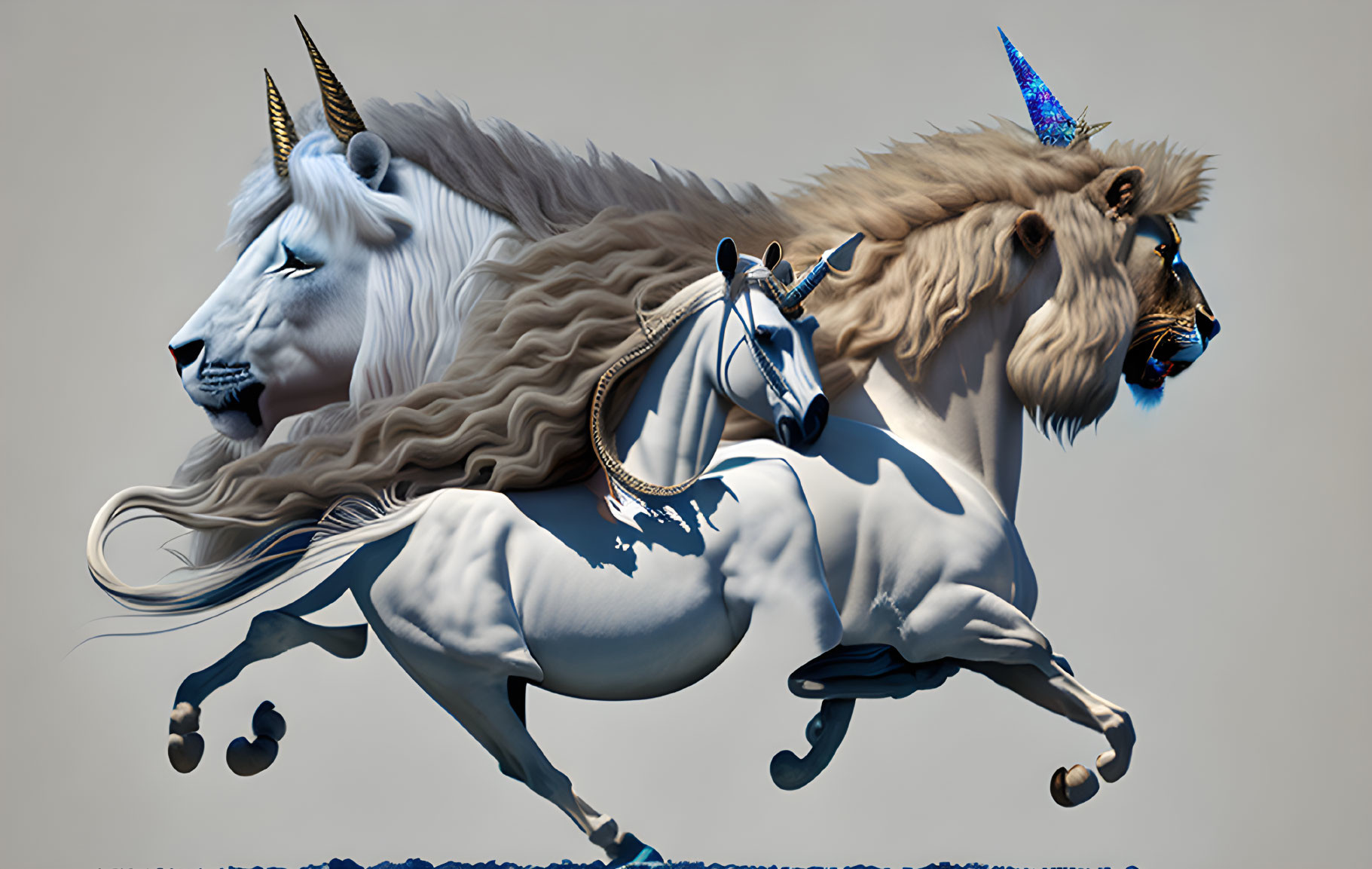 Mythical creature digital artwork: unicorn body, lion face, glasses, party hat