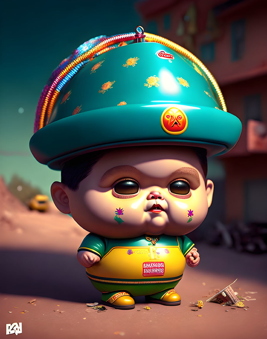 Exaggerated baby illustration in colorful helmet and outfit on sunlit street