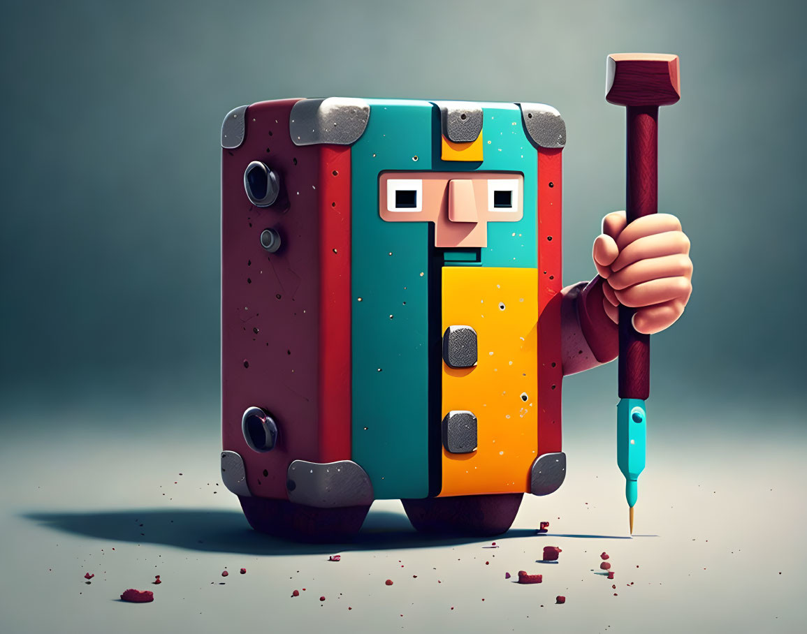 Colorful 3D illustration of a character shaped like a suitcase with a face, holding a hammer