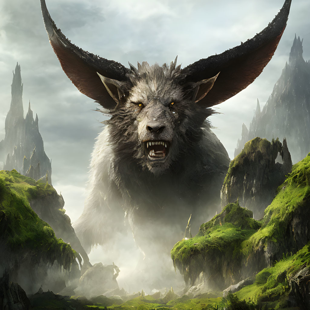 Gigantic horned wolf creature in misty rocky landscape