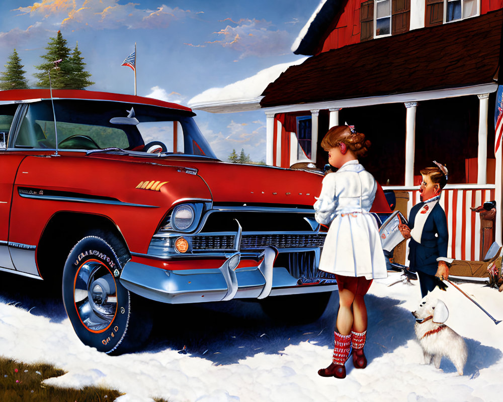 Vintage Red and White Car with Children and Dog by Red House