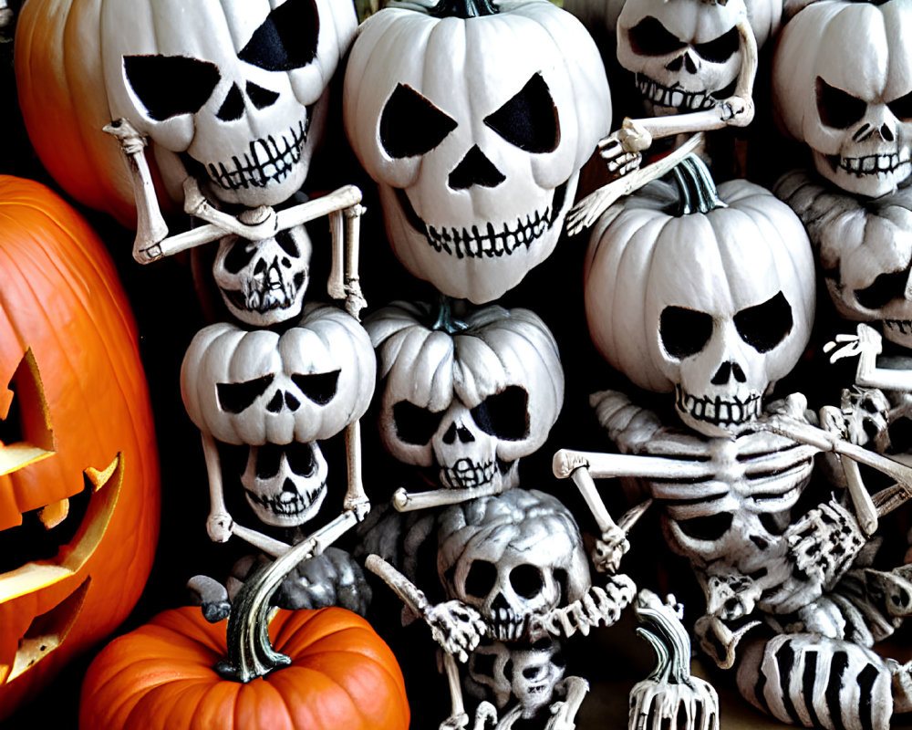 Skeleton Figurines with Jack-o'-lantern Heads and Carved Pumpkin Display