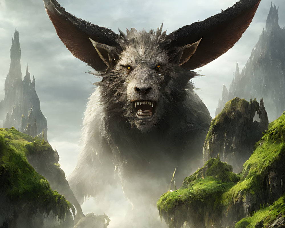 Gigantic horned wolf creature in misty rocky landscape