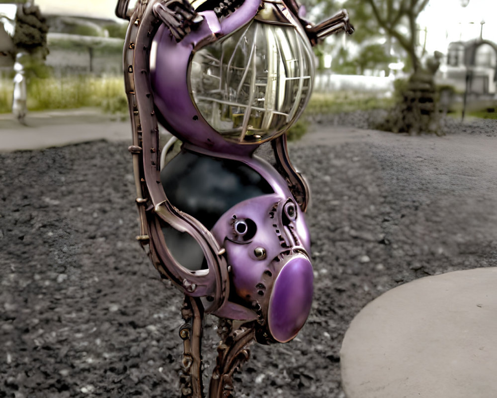 Steampunk-style humanoid seahorse sculpture with brass and purple finishes, cogs, and glass