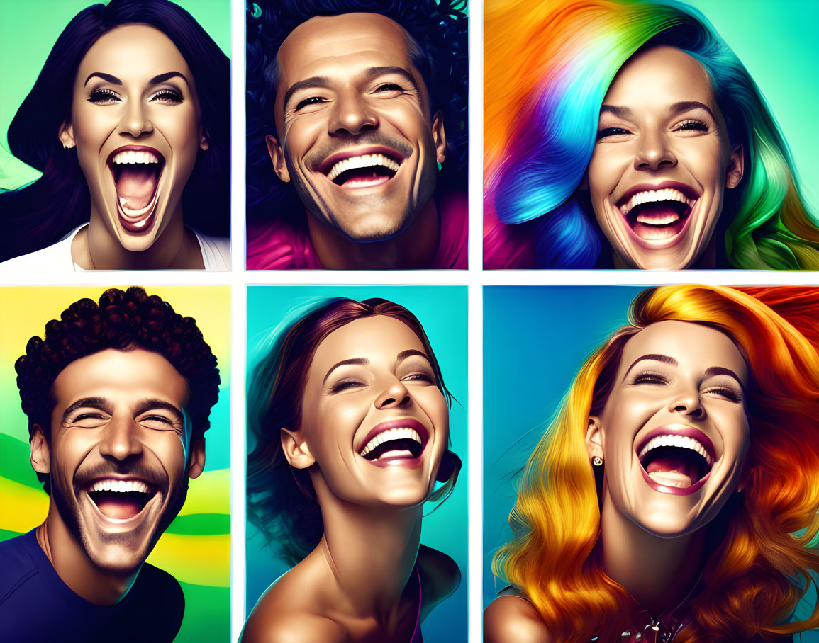 Six vibrant portraits of joyful people with beaming smiles against colorful background