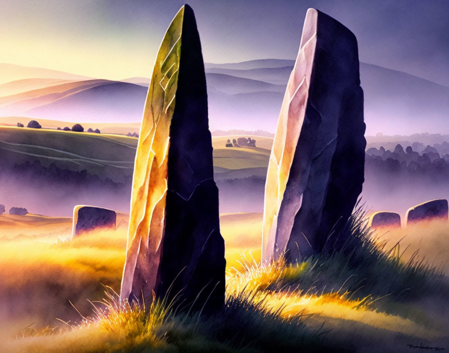 Vibrant painting of standing stones in serene sunrise field