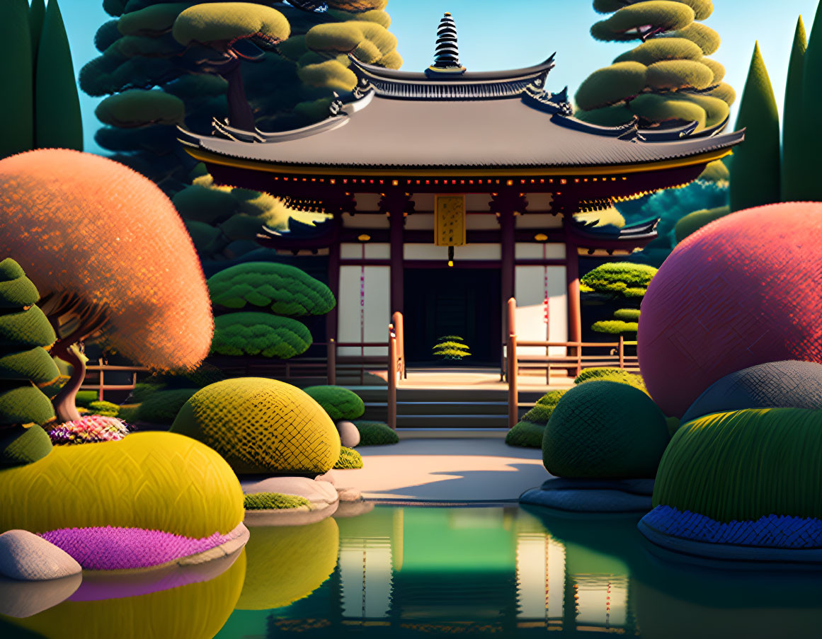 Traditional Japanese Garden with Pagoda, Colorful Bushes, and Serene Pond