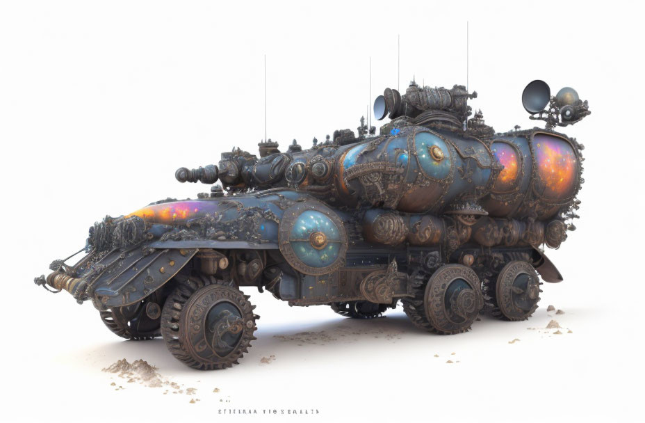 Steampunk-style vehicle with ornate metalwork and cannon-like protrusions