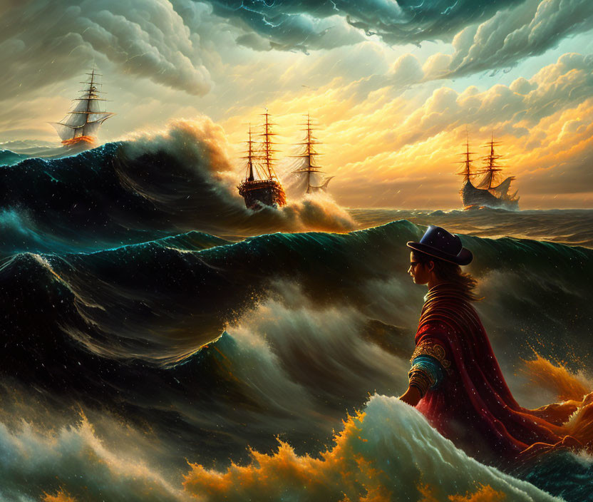 Man in tricorne hat and red cloak views tall ships on stormy sea at sunset