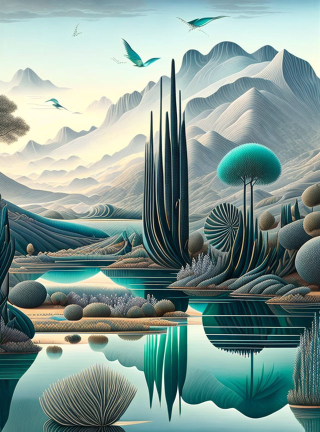 Tranquil landscape with cacti, lake, mountains, diverse foliage, and birds