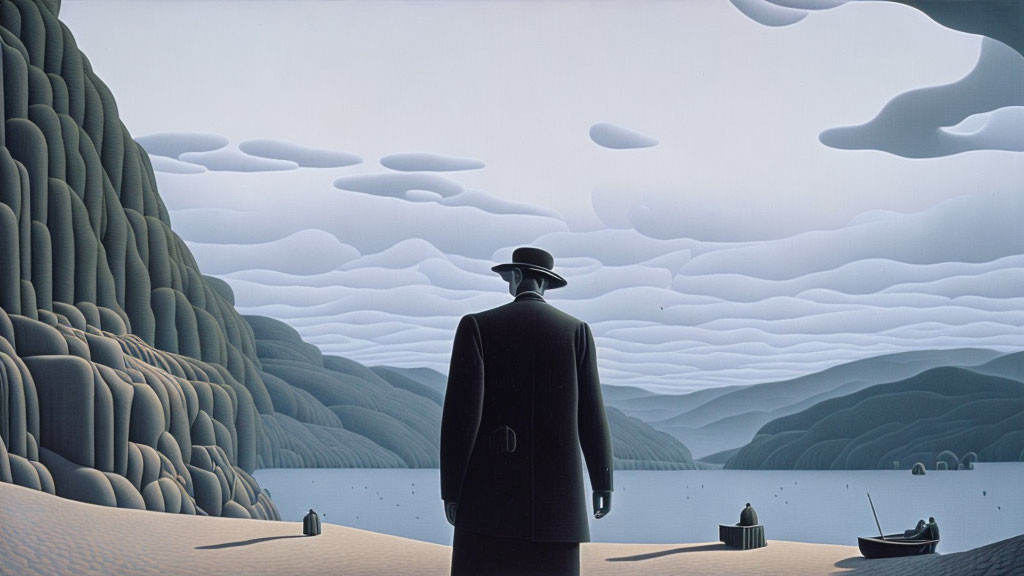 Man in suit and hat gazes at surreal landscape with undulating hills and boat