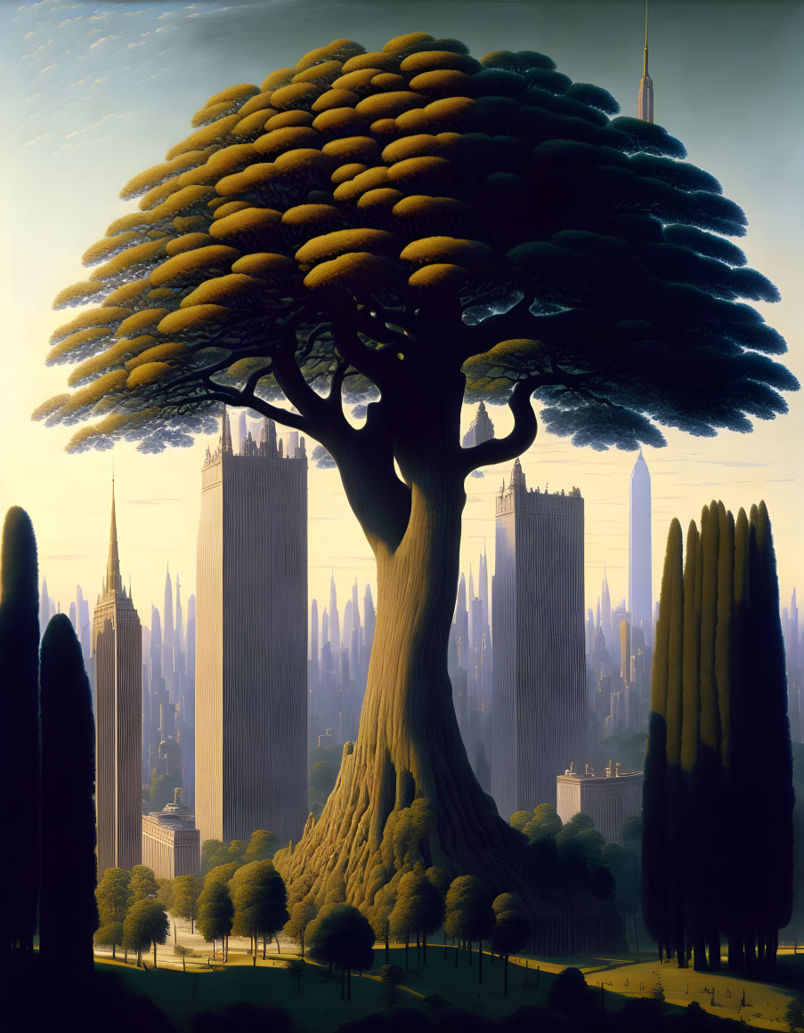 Giant tree overshadowing cityscape with skyscrapers