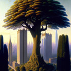 Giant tree overshadowing cityscape with skyscrapers