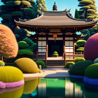 Traditional Japanese Garden with Pagoda, Colorful Bushes, and Serene Pond