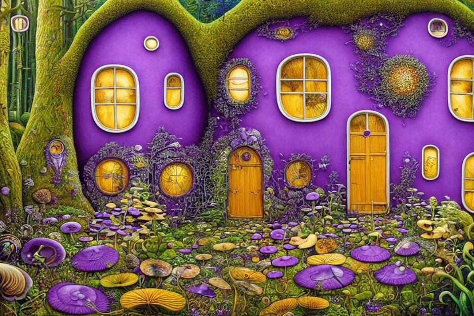 Whimsical purple treehouse with round windows and doors amidst vibrant mushrooms and greenery