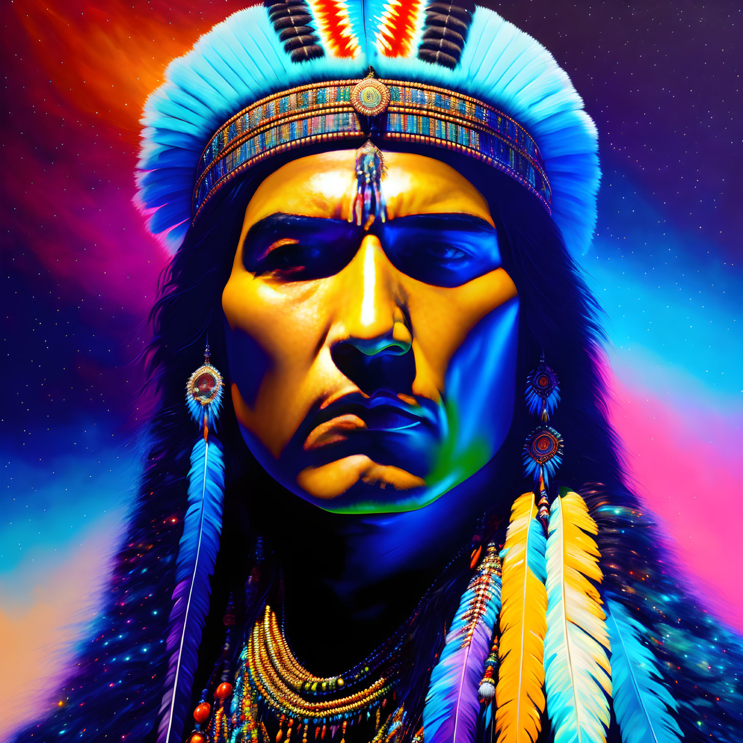 Colorful digital artwork of person in indigenous attire with headdress and jewelry