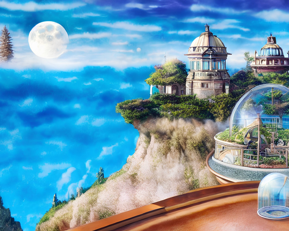 Fantasy landscape with cliff-top domed buildings under a full moon, transparent bubble structure, and cloudy