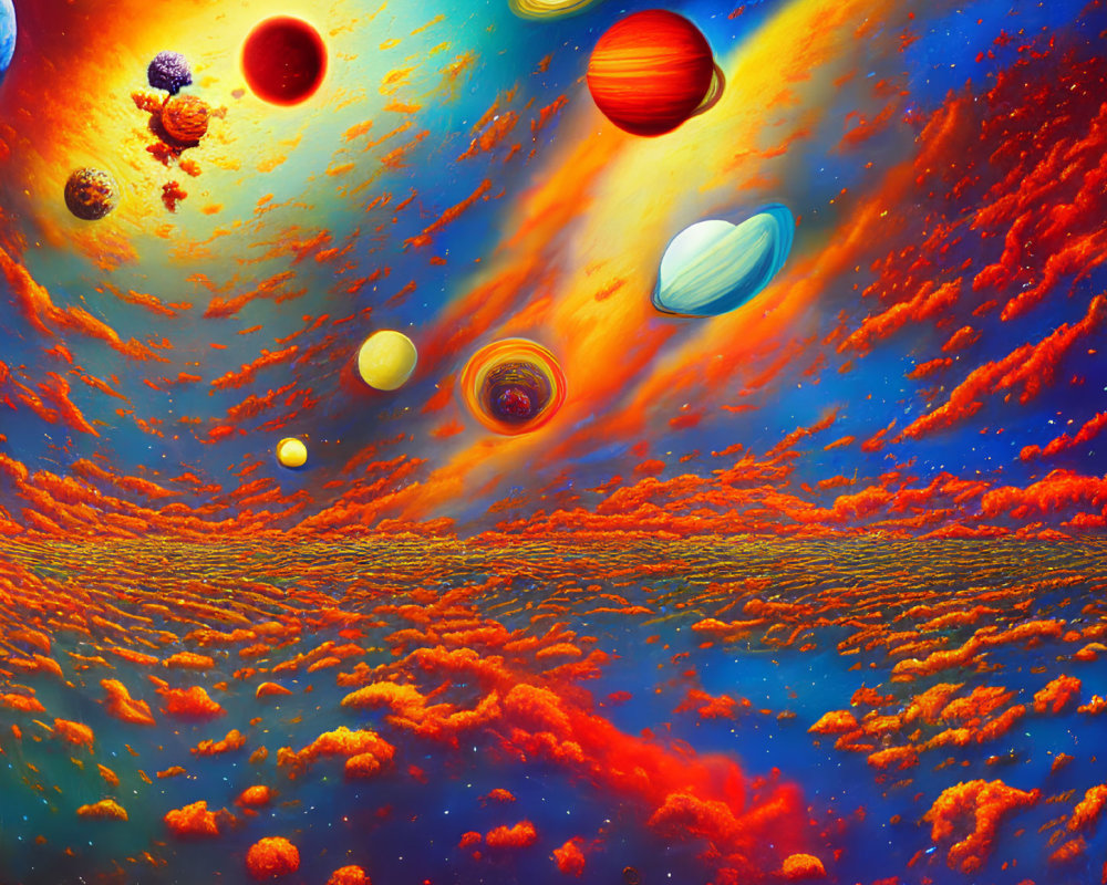 Colorful Nebulae and Planets in Space Scene