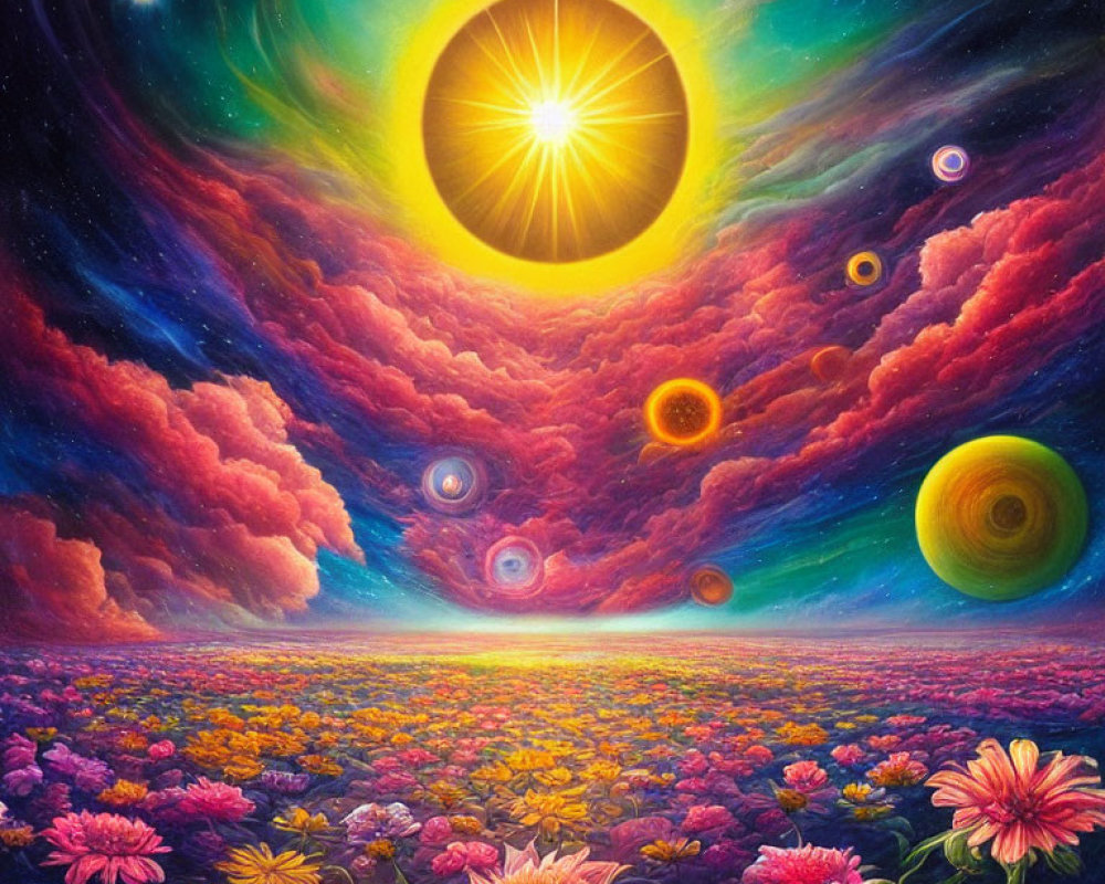 Colorful Flower Field Under Cosmic Sky with Planets and Stars