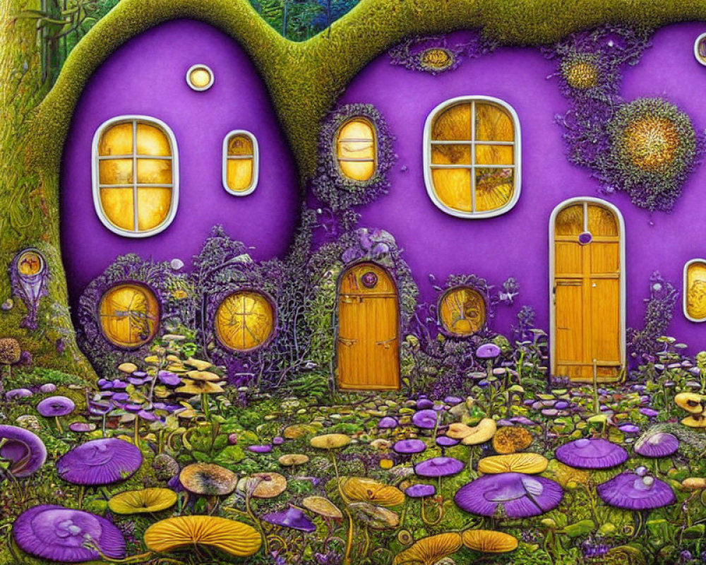 Whimsical purple treehouse with round windows and doors amidst vibrant mushrooms and greenery