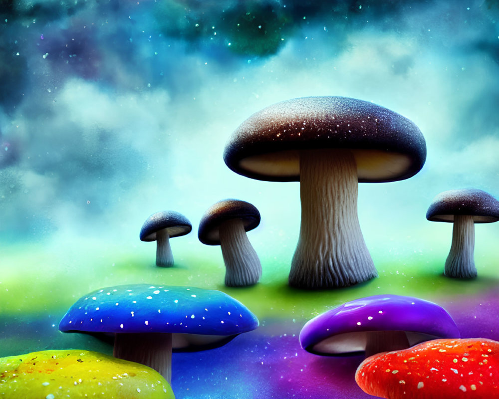 Fantasy-style colorful mushrooms on vibrant nebula background