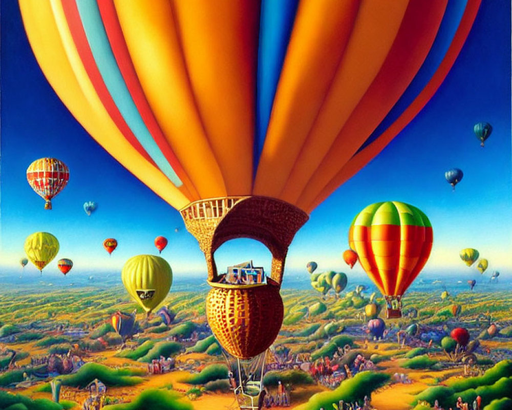 Colorful hot air balloon painting over patchwork landscape with tiny figures