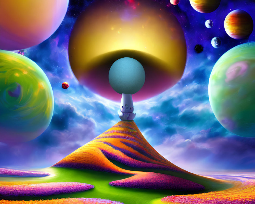 Colorful Landscape with Character and Planets in Dreamlike Sky