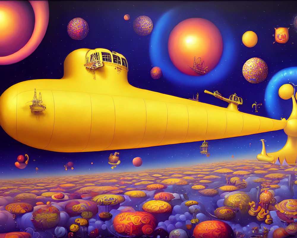 Colorful yellow submarine in whimsical space with planets and stars.