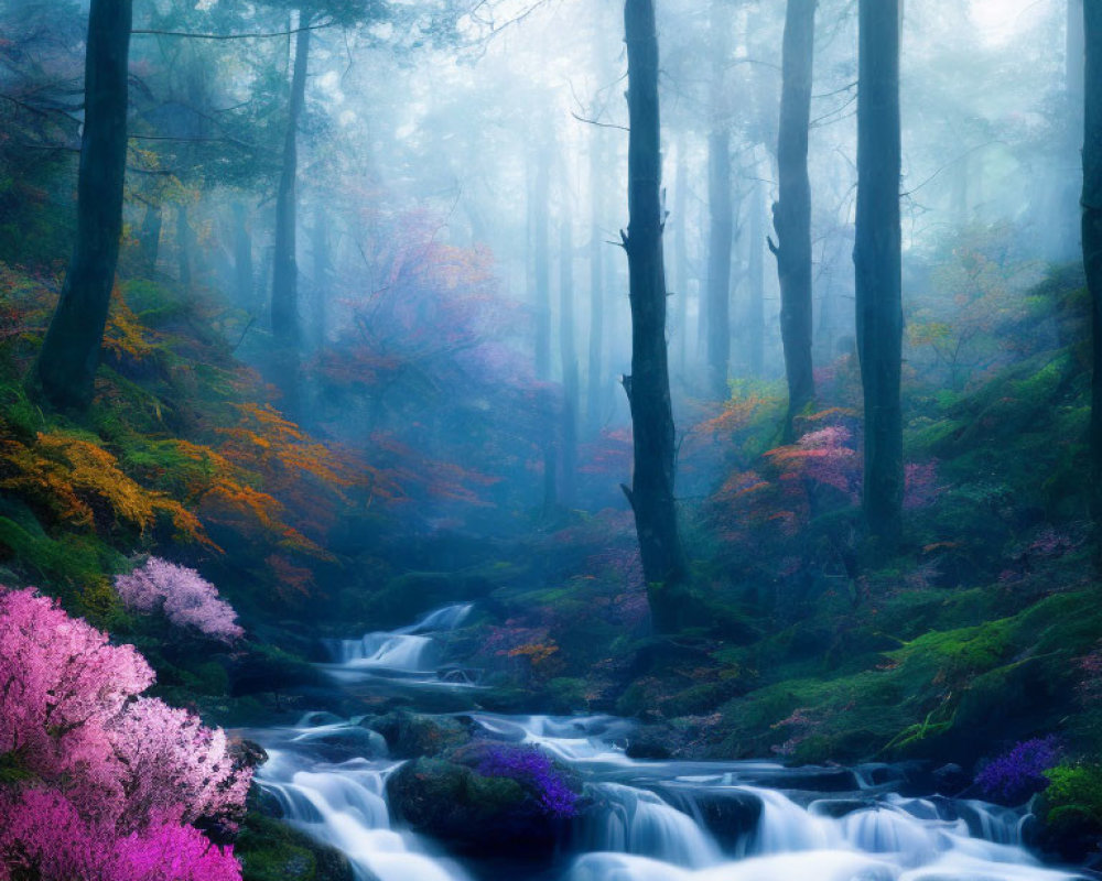 Mystical forest scene with cascading stream and vibrant foliage