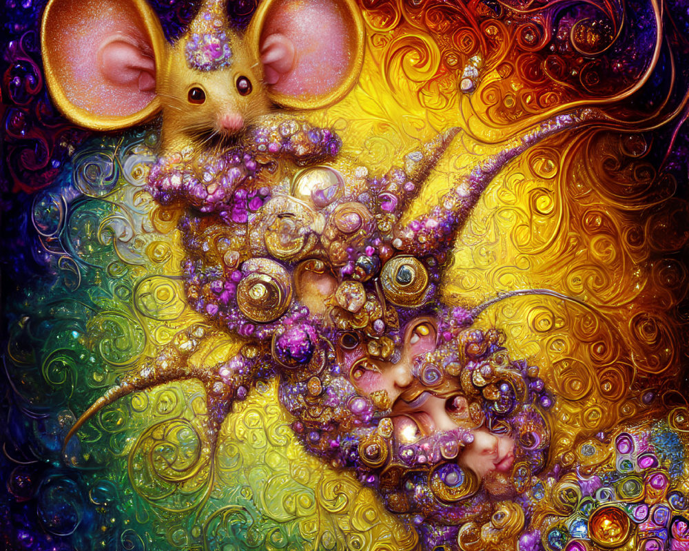 Colorful Illustration: Whimsical Mouse with Large Ears in Sparkling Setting