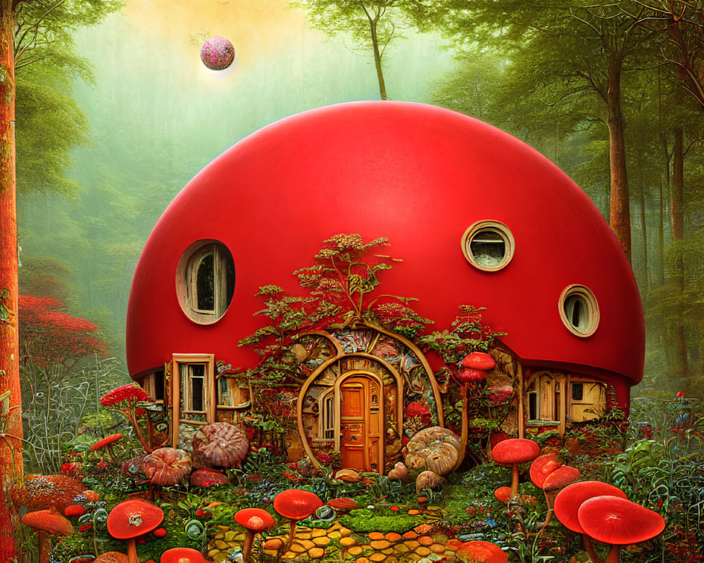 Red Mushroom House Surrounded by Lush Forest and Colorful Plants